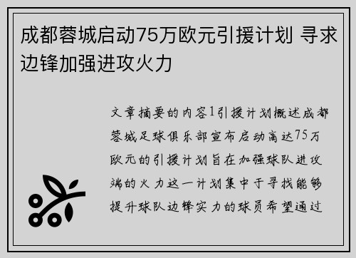 成都蓉城启动75万欧元引援计划 寻求边锋加强进攻火力