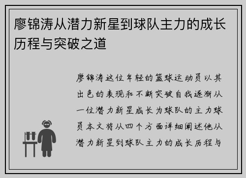 廖锦涛从潜力新星到球队主力的成长历程与突破之道
