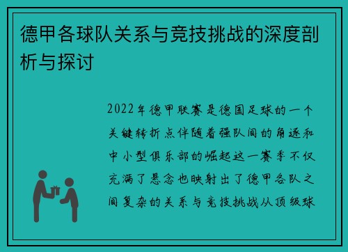 德甲各球队关系与竞技挑战的深度剖析与探讨